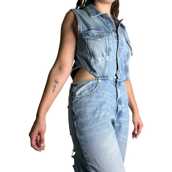 NWT Zara Full Length Denim Cut Out Jumpsuit Sz XL Sleeveless Distressed - Picture 2 of 16